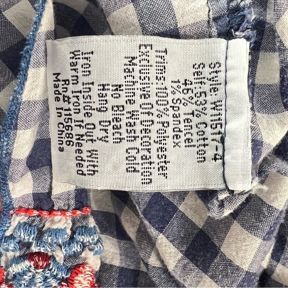 Johnny Was Workshop Embroidered Gingham Top- blue White floral boho peasant sz L - Picture 7 of 8